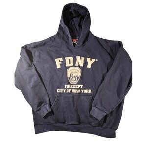 Vintage FDNY Hoodie Mens Large Blue Pullover Fire Dept City NYC Sweatshirt